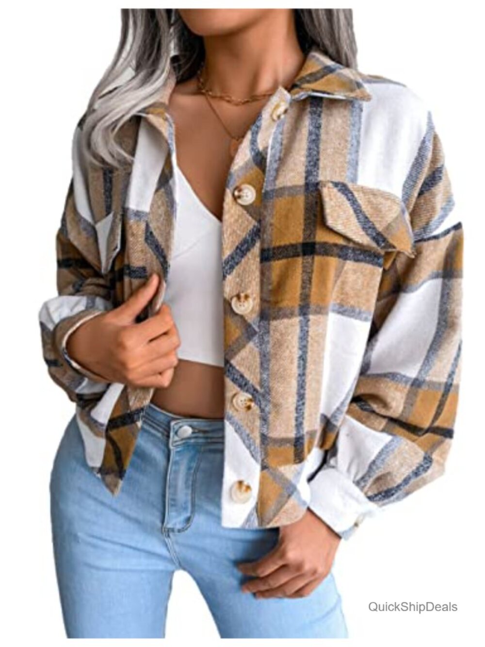 Cropped Corduroy Plaid Shacket Long Sleeve Button-Up Casual Jacket